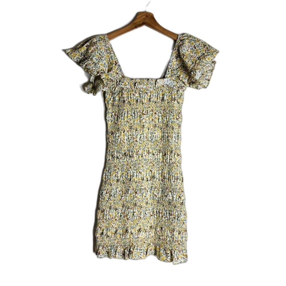 Storia Dress Womens Small Floral Smocked Square Neck Ruffle Mini Cottagecore